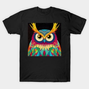 Colorful Owl Portrait Illustration - Bright Vibrant Colors Bohemian Style Feathers Psychedelic Bird Animal Rainbow Colored Art T-Shirt